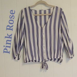 Pink Rose blue/white stripe button tie waist v neck long sleeve blouse Sz: M